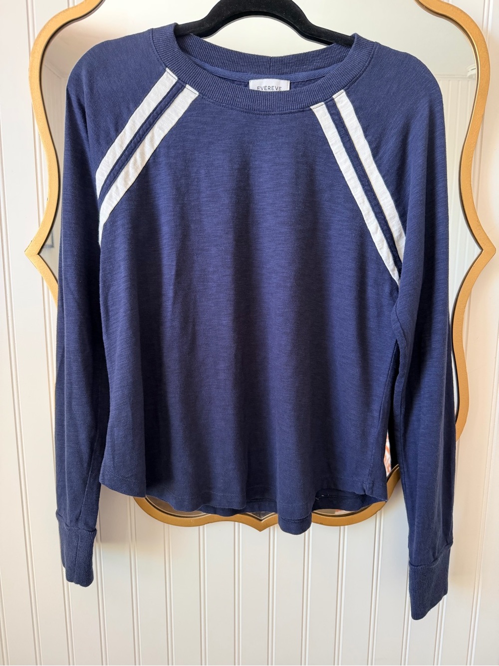 Evereve Navy Long Sleeve Tee with White Shoulder Stripes